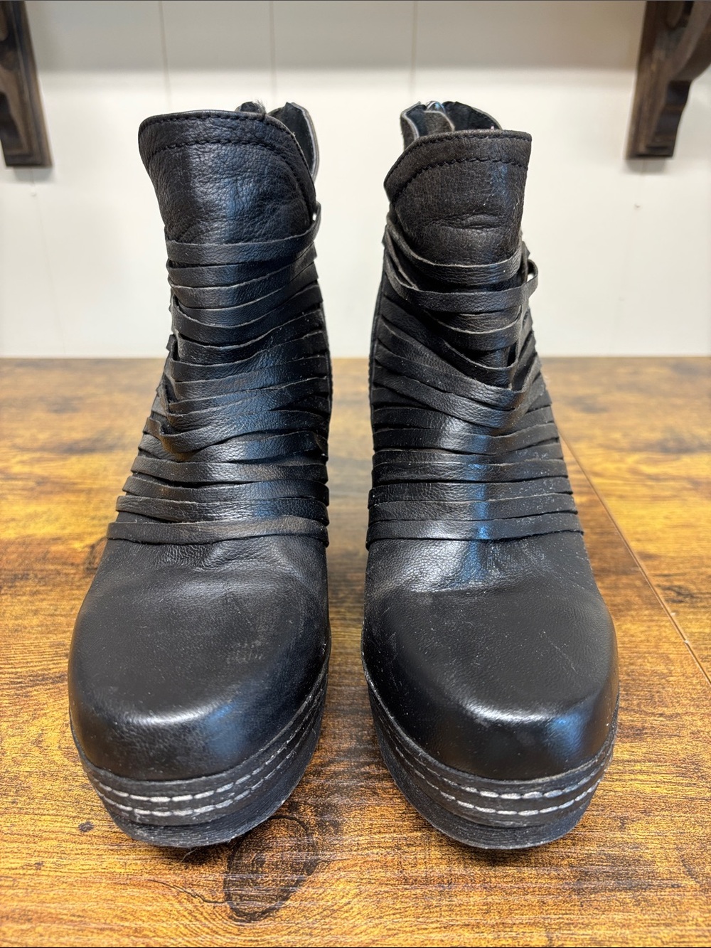 Antelope Black Leather Strappy Detail Ankle Booties
